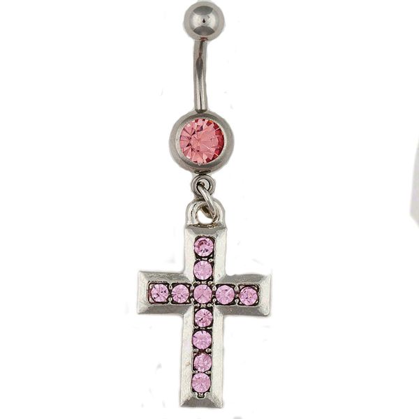 

d0533 cross belly navel button ring pink color, Silver