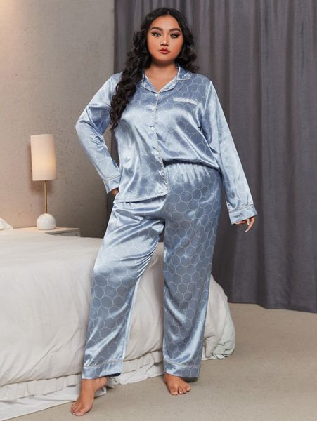 

plus geo print contrast piping satin pj set k3fa#, Black;white