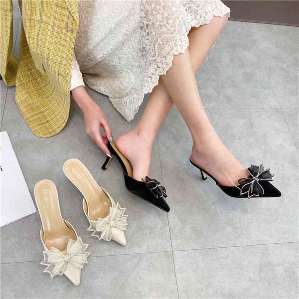 

sandals s pointed toe women slippers bow slides party thin high heels mules shoes shallow elegant slipper cnvi, Black