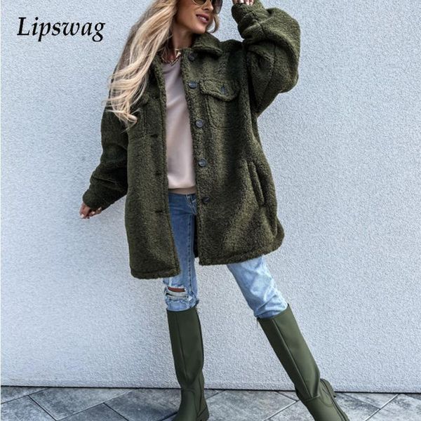 

women's wool & blends autumn warm soft fleece cardigan women casual elegant turn-down collar button long outwear winter solid sleeve j, Black