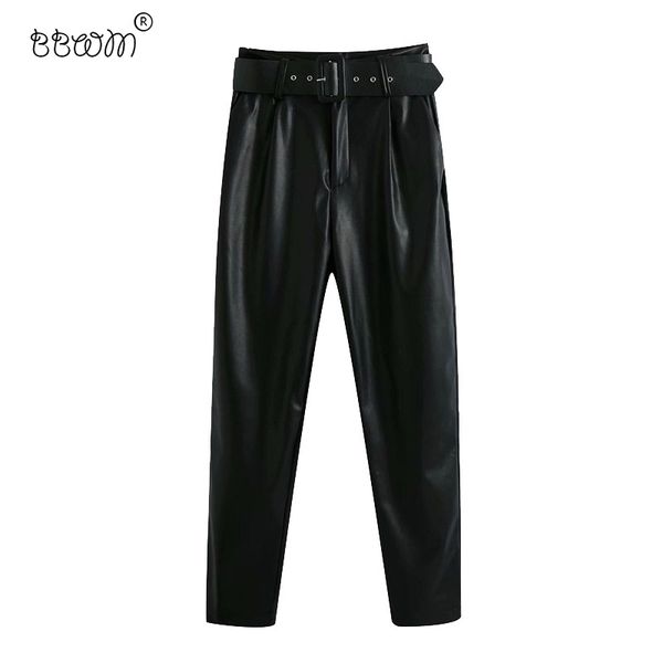 

bbwm women chic fashion side pockets faux leather pants with belt vintage female high waist zipper fly trousers 210520, Black;white