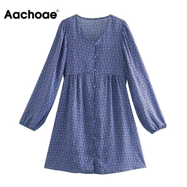 

aachoae 2021 floral print elegant mini dress women v neck buttons chic dresses long sleeve a line vintage robe femme casual, Black;gray