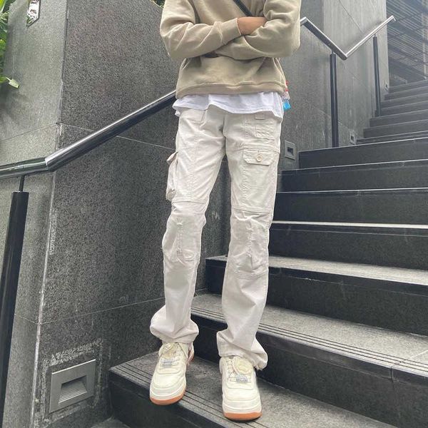 

american vibe white men's design sense of minority high street micro horn fried street overalls functional pants, Black