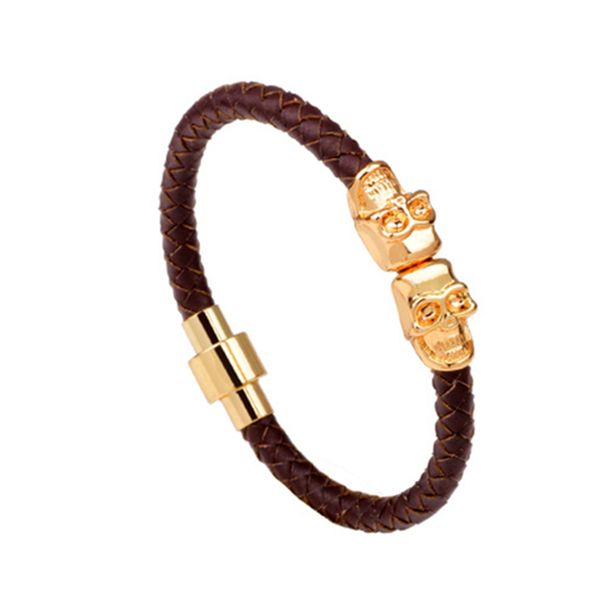 

new men's leather woven bracelet, male domineering skull leather braided magnetic buckle bracelet, skull leather bracelet bangle, Black