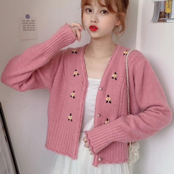 

women's knits & tees three-dimensional flower knitted sweaters spring autumn slim short sweet cardigans korean fashion clothing long sl, White