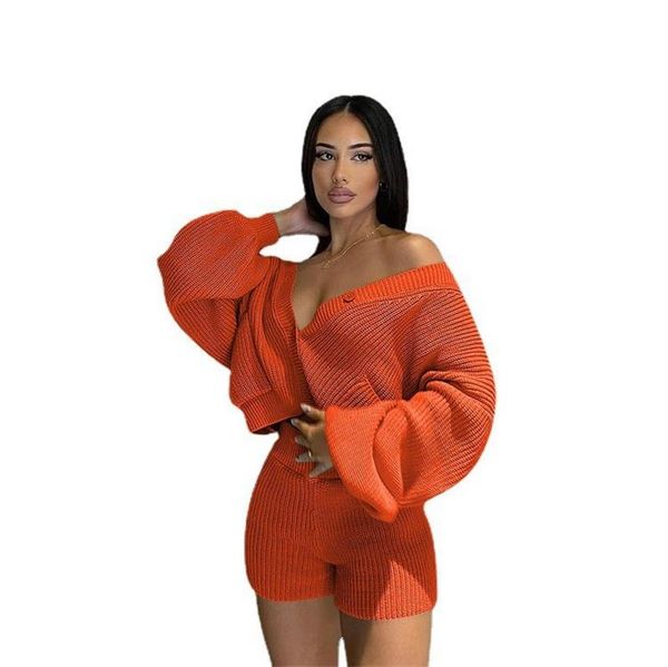

women's tracksuits zoctuo shorts set womens knitting sweater two 2 piece outfits solid button lantern sleeve and short suit 2021 autum, Gray