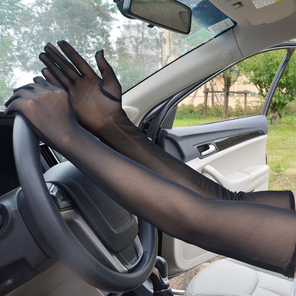 

five fingers gloves women ultra-thin long arm sleeve summer driving black sunscreen anti-uv elasticity lace mesh, Blue;gray