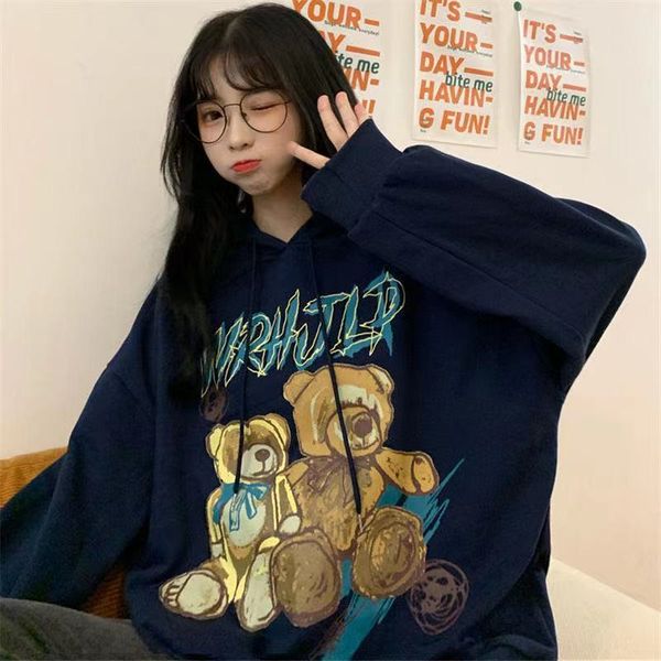

women's hoodies & sweatshirts korean new cute bear hoodie sweatshirt loose hip hop street retro punk casual harajuku clothing, Black