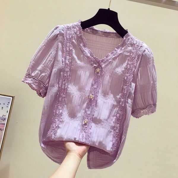 

women's blouses & shirts 3xl lace shirt short-sleeve blouse 2021 summer korean white loose v neck buttons purple fairy chiffon