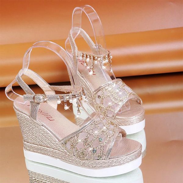 

dress shoes 2021female fashion flower open toe sandals silver women rhinestone wedges platform party woman size 40, Black
