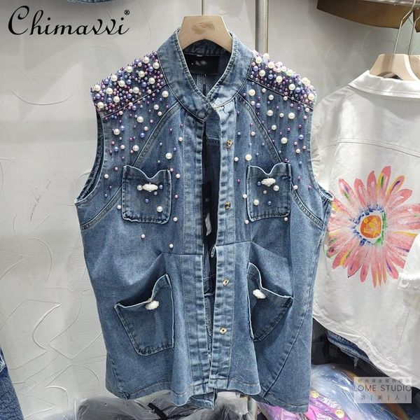 

women's vests heavy pearl denim vest coat 2021 spring/summer loose bf jacket cardigan fashion street clothing sleeveless for women, Black;white