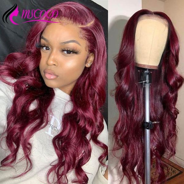 

99j burgundy body wave lace front wig 5x5 closure 200 density 28 inch colored human hair wigs, Black;brown