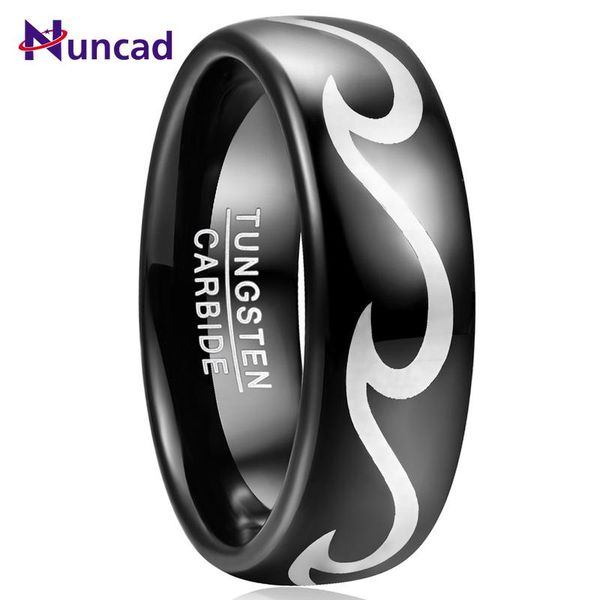 

wedding rings bonlavie 8mm men's ring band engagement black tungsten steel laser wave pattern carbide, Slivery;golden