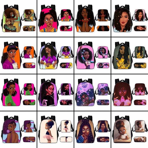 

school bags 2021 cute cartoon black african girl three-piece bag breathable fashion women backpack elementary students