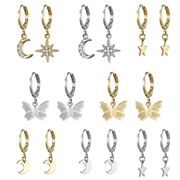 

pairs trendy gold butterfly earrings set rhinestone cross star moon pendants drop for women jewelry accessories 2021 dangle & chandelier, Silver