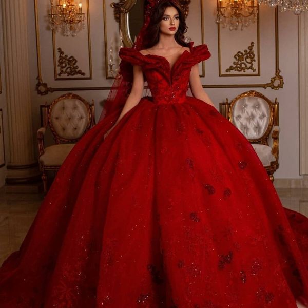 Prinzessin Rote Brautkleider Rüschen Ballkleid Spitze Pailletten Brautkleider Luxuriöse Plus Größe vestido de novia