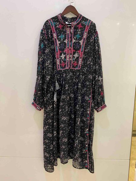 

dress 2021 arrive 100% viscose early autumn niche design french retro resort style embroidered printed crepe waist women gafh, Black;gray