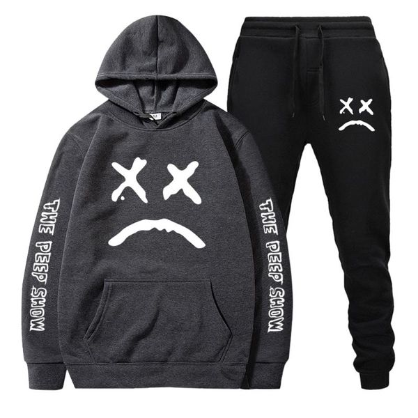 

men's tracksuits fashion white crying face brand set fleece hoodie pant thick warm sportswear hooded suits male sweatsuit tracksuit, Gray