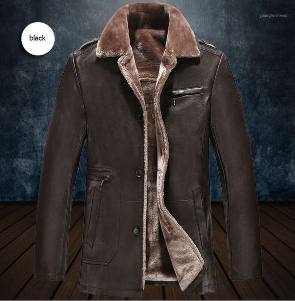 

men's fur & faux m-3xl winter male fashion long coat lapels which pu leather jacket, Black