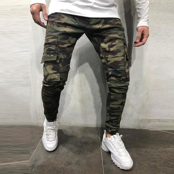

men jeans camouflage multi pocket male high waist denim pants skinny trousers streetwear fashion men's, Blue