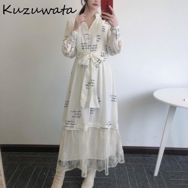 

casual dresses elegant letter chic print slim waist dress 2021 spring lace patchwork vestidos v neck exquisite button women, Black;gray