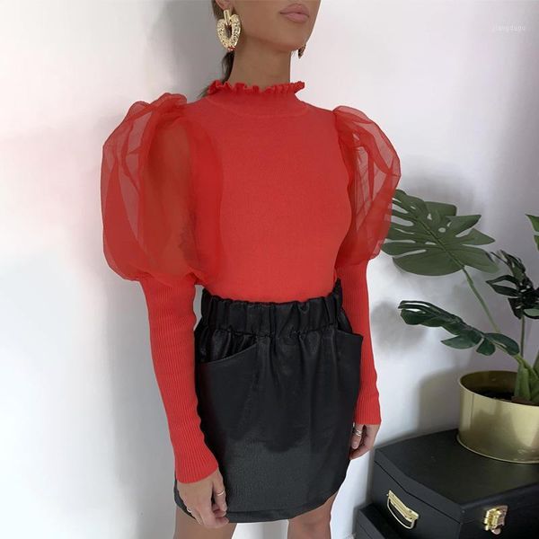 

autumn turtleneck blouse women tulle patchwork long puff sleeve shirt solid lady shirts all-matching party blusa women's blouses &, White