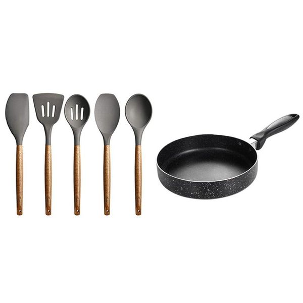 

1x 20cm aluminium alloy non-stick frying pan & set of 5 silicone cookware set, wooden handle spatula, spoon brush pans