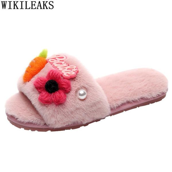 

slippers fur indoor woman flats shoes women house black slip on for 2021 white fluffy