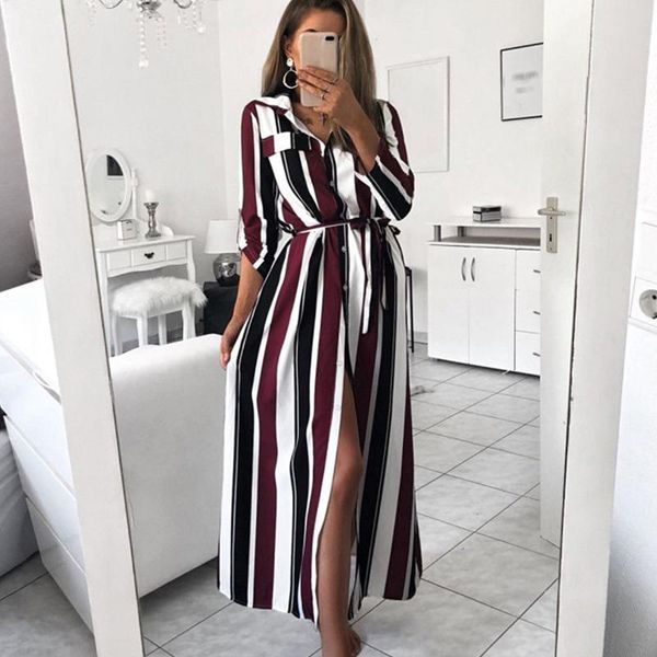 

casual dresses women turn-down collar button lace up long dress summer spring autumn sleeve striped maxi chiffon, Black;gray