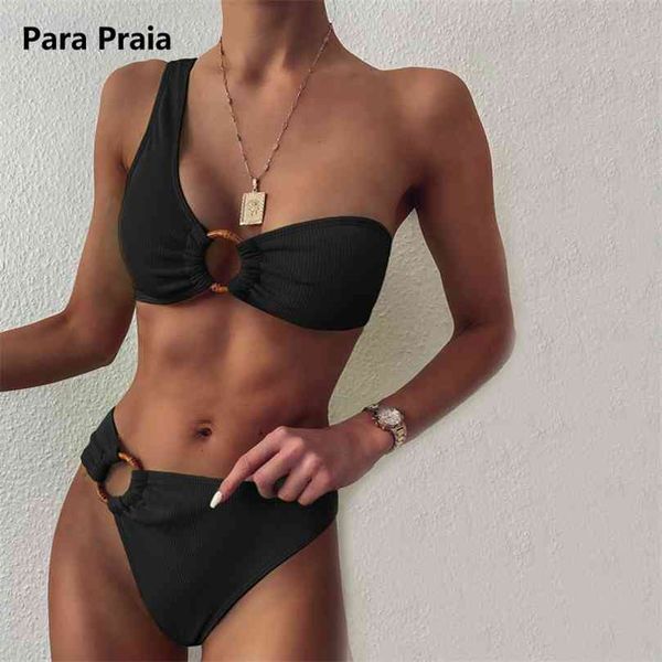

para praia one shoulder cut out bikini set women ring bandeau swimwear woman push up two piece swimsuit summer 210712, White;black