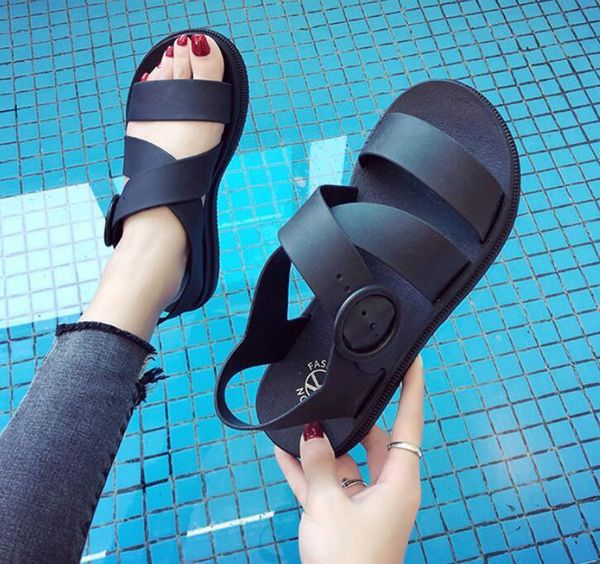

sandals 2021 women gladiator flat soft buckle open toe shoes casual platform beach, Black