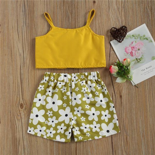 

summer casual kids baby girls 2-piece outfit set sleeveless +floral print shorts for children dairy looks clothing sets, White