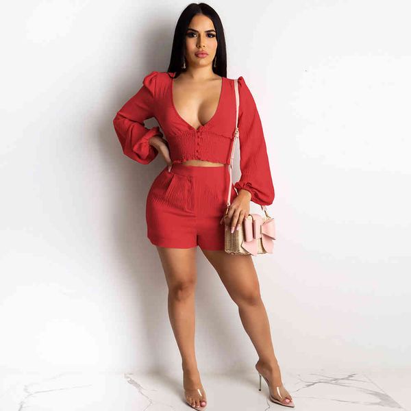 

pant match of two pieces shorts down puff deep sleeve v neck party outfits 2 piece all women's suits street, White