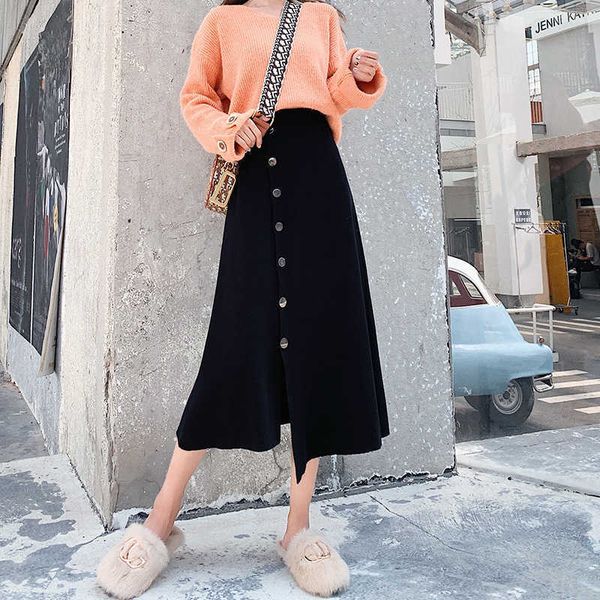 

werueruyu women knitted skirt autun button slim bodycon skirts elastic high waist pencil skirt ribbed long midi skirt 210608, Black