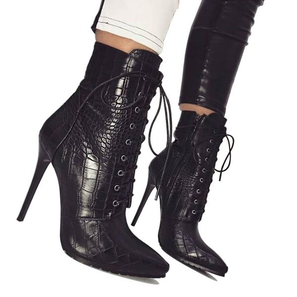 

boots snakeskin pointed toe cross tied lace up shoes women autumn winter genuine leather high heels plus size, Black