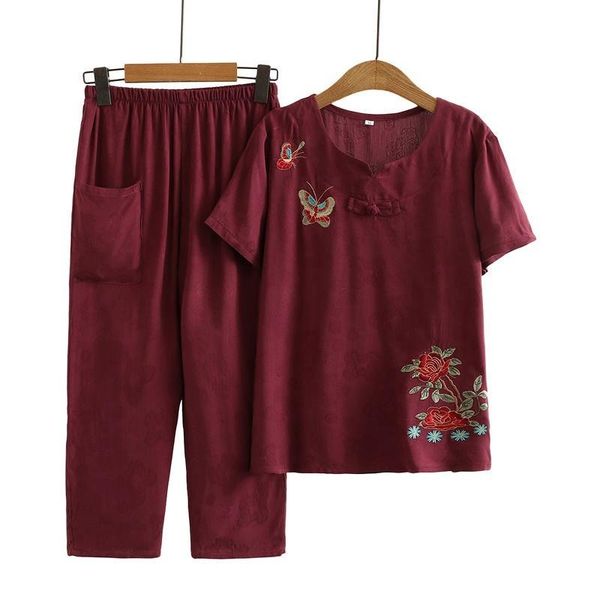 

summer red green printed 2 piece sets women plus size 5xl v-neck + casual pants suits cotton linen womens set femme y174 women's two, White