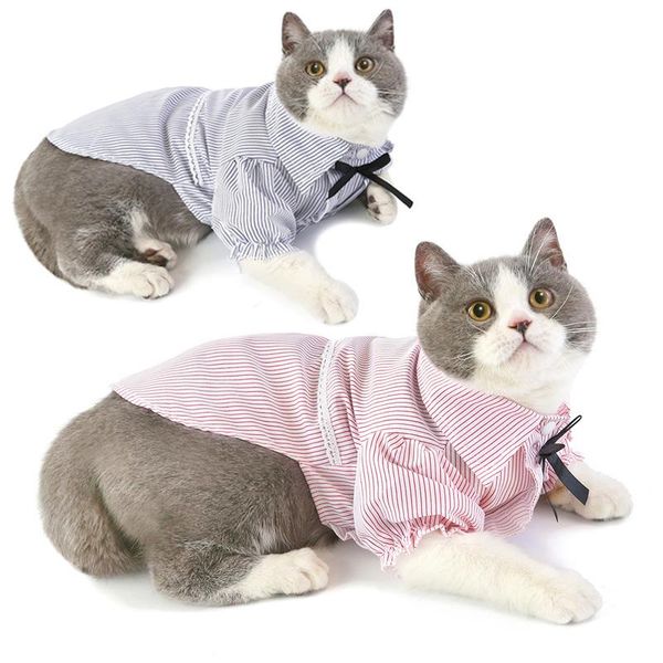 

cat costumes fashion ruffles sleeve dog lapel shirt summer striped dress for small medium cats puppy schnauzer t-shirt skirt clothes