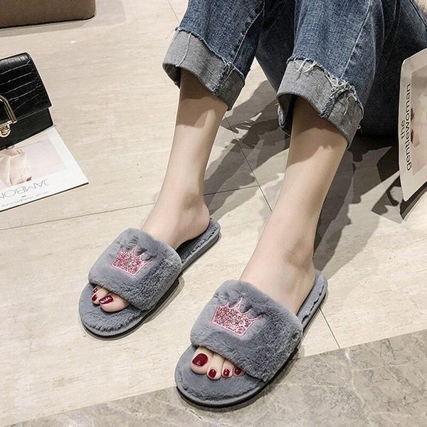

womenfur slippers womens winter warm shoes big size home slipper plush pantufa women indoor fluffy cotton, Black