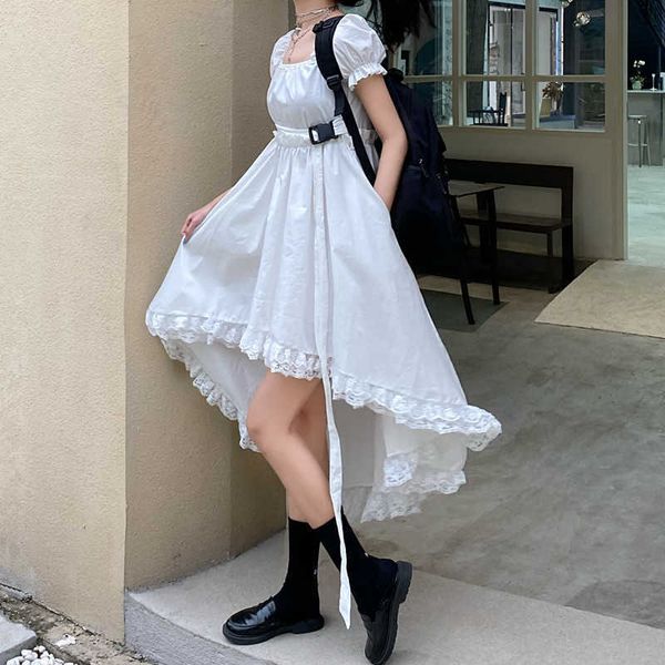 

women's t-shirt instagram fashion long goth lolita women summer square neck sleeve empire tunic asymmetrical high low ruched es e4, White