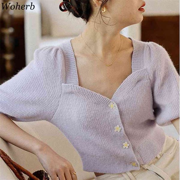 

summer thin knitted cardigan women short sleeve square collar vintage fashion elegant ladies korean chic cardigans 210519, White