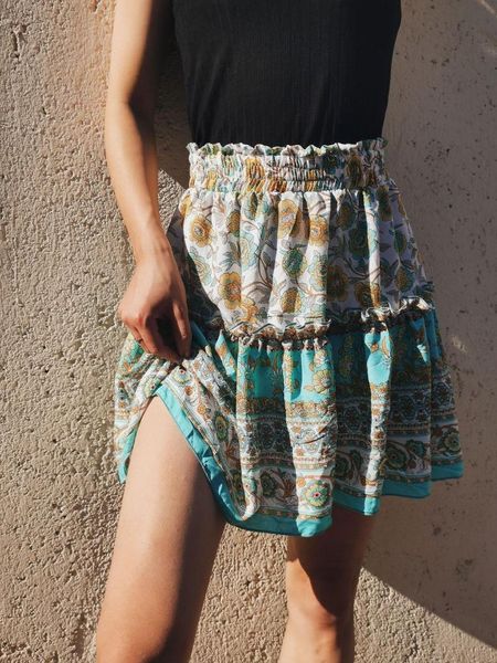 

skirts 2021 summer short skirt bohemian ethnic style ruffled printed, Black