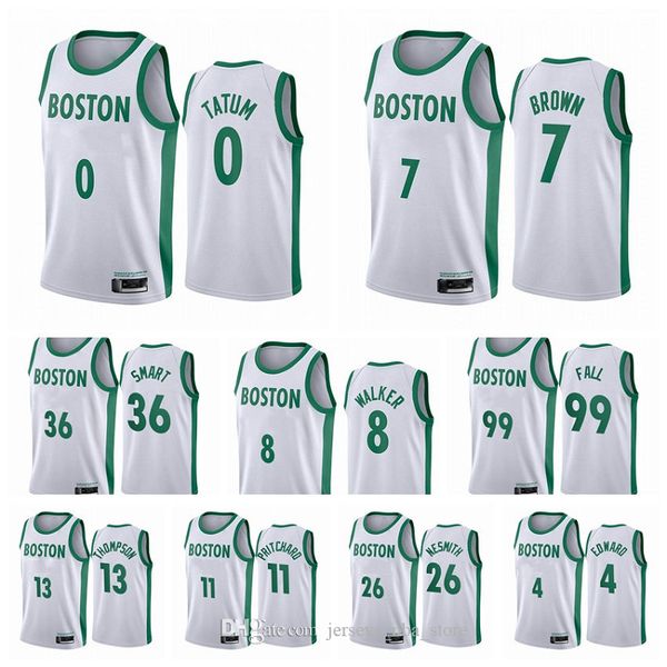 

boston celtics men jayson tatum jaylen brown kemba walker tacko fall marcus smart 2020-21 white city basketball jersey new uniform, Black;red