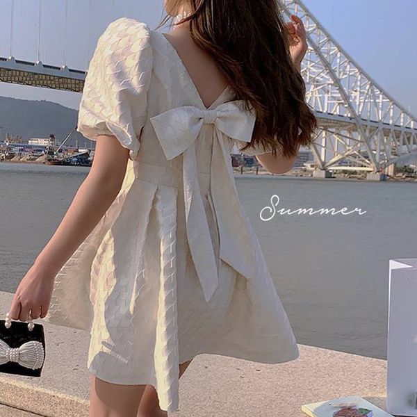 

white party dresses women square collar elegant vintage women's clothing bow design office lady one piece dress korean 2021 summer chic, White;black