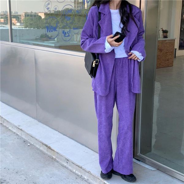 

women's two piece pants autumn winter purple corduroy office suit korean clothes blazer girly casual loose wide leg two-piece sets fema, White