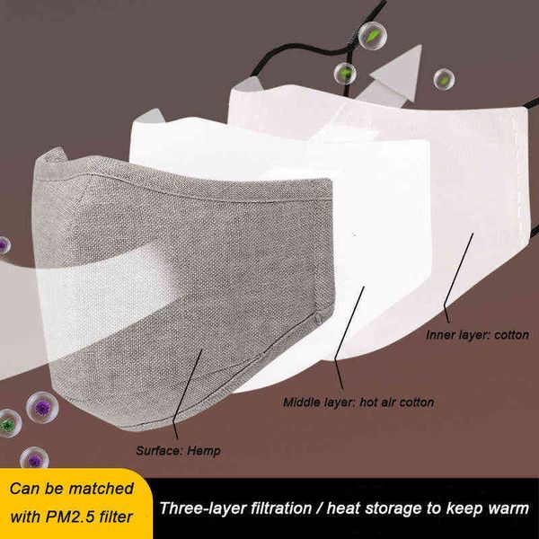 

autumn and winter cotton linen masks anti-fog pm2.5 filter 3-layer warm cloth mask