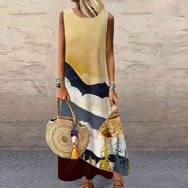 

vintage floral printed sleeveless womens dress sundress summer loose casual beach long ladies bohemia maxi dresses party vestidos, Black;gray