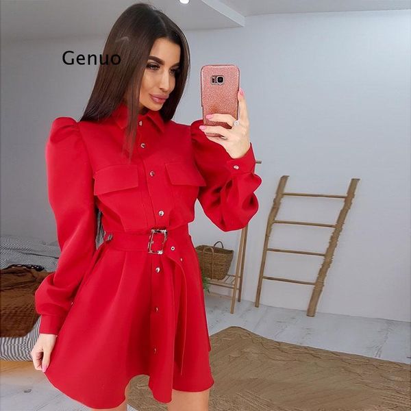 

casual dresses puff sleeve belt party dress female turn down collar a line mini for women high waist single breasted, Black;gray
