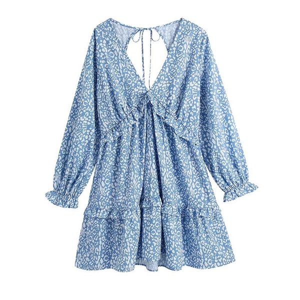 

casual dresses women chic fashion animal print ruffle mini dress vintage backless bow tied side zipper female vestidos, Black;gray