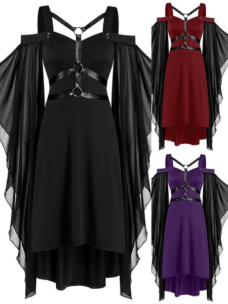 

casual dresses halloween women gothic dress autumn long mesh see-through sleeve punk bandage splicing strap suspender partywear, Black;gray