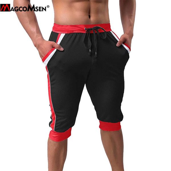 

men's shorts magcomsen summer 3/4 pants men casual joggers trousers elastic gym workout running short sportswear male sweatpants, White;black